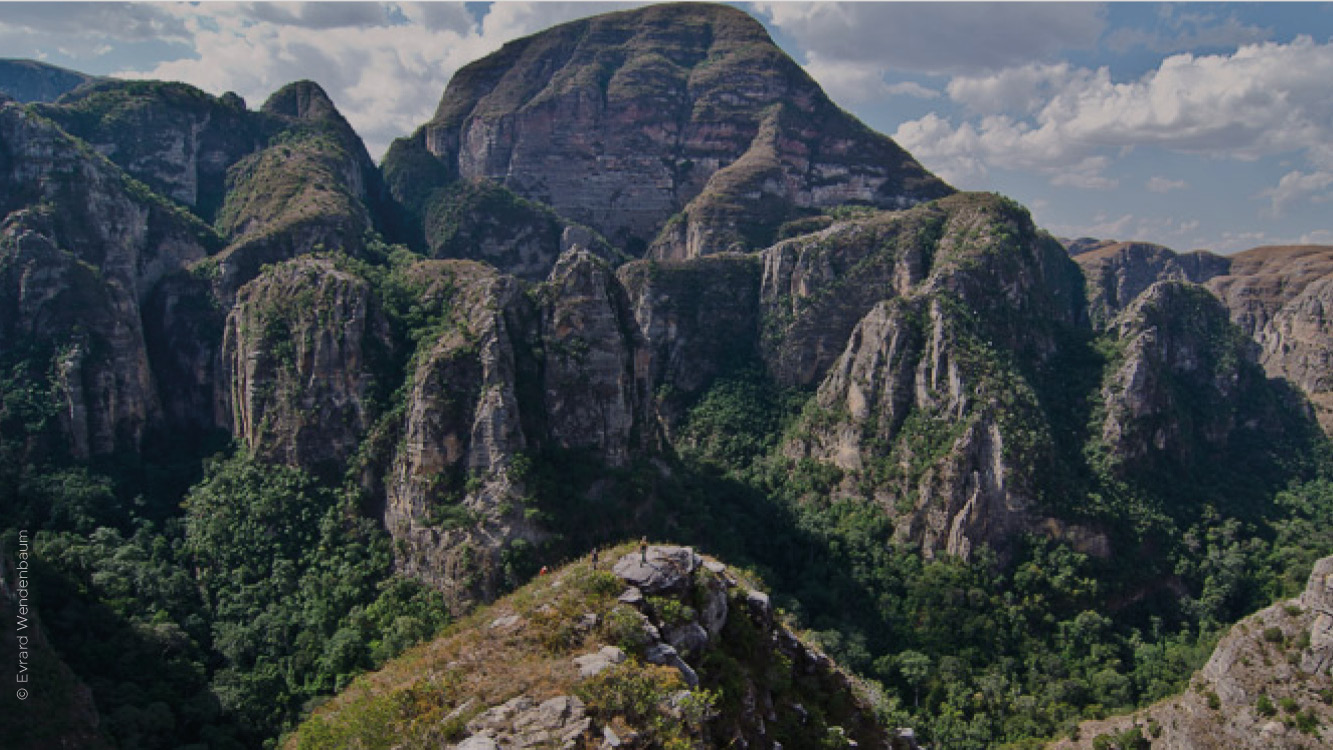 Photo de la région du Makay à Madagascar : massif montagneux avec forêts aux pieds