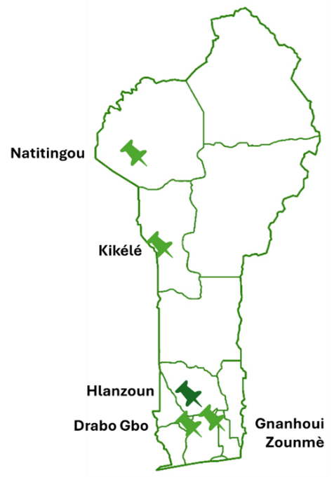 CARTE_BENIN Les zones visitées avec, en vert foncé, la forêt qui sera suivie dans le cadre de la mission